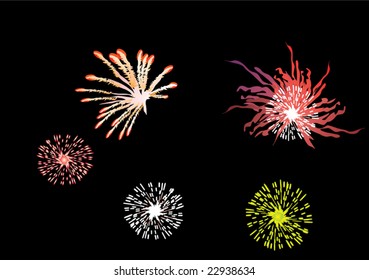 ilustración con diferentes fuegos artificiales en fondo negro