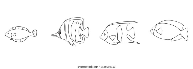 Illustration of the different fishes in a doodle design on a white background cartoon