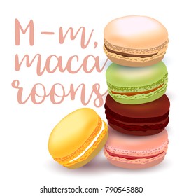 illustration with different flavors of macaroons, hand-drawn and colored with calligraphic text on light background