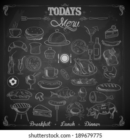 illustration of different food item in menu chalk board