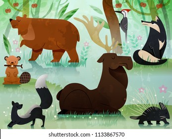 Illustration of Different Forest Animals from Brown Bear, Moose, Woodpecker, Wolf, Skunk, Beaver and Porcupine eps10