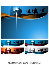 Illustration in different formats, horizontal banner format and horizontal letter format. They represent the nativity scene with the three wise men.