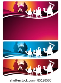 Illustration in different formats, horizontal banner format and horizontal letter format. They represent the nativity scene with the three wise men.