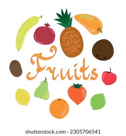 Ilustración con diferentes frutos con subtítulos