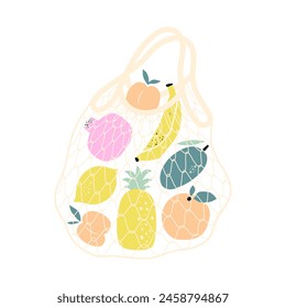 Illustration of different fruits in string bag isolated on white background. Vector illustration