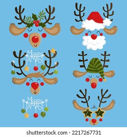 Illustration of a different funny faces of a Rudolph the reindeer with christmas decoration in its horns