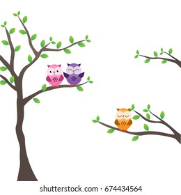illustration of different funny owls sitting on a tree. Vector.