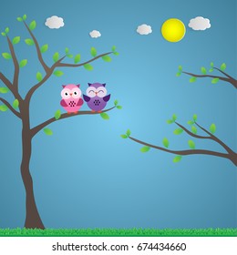 illustration of  different funny owls sitting on a tree. Vector.