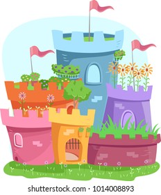 Illustration of Different Garden Pots Decorated as a Miniature Castle with Plants and Flowers and Flags
