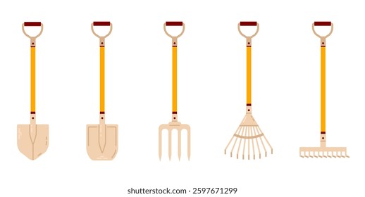 Illustration of different gardening shovels, rakes, and forks used for soil preparation, landscaping, and outdoor work.