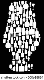 illustration with different glass and bottles on black background
