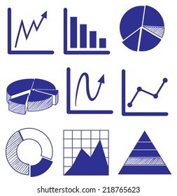 Illustration of the different graphs in blue color on a white background 