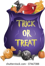 Illustration of different halloween candy in a treat bag