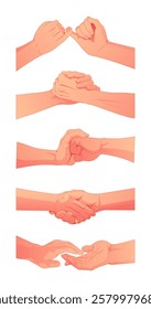 Illustration of different hand gestures symbolizing trust, agreement, and connection. Clean lines and warm tones emphasize human interaction and emotion