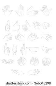illustration of different hand positions. line art