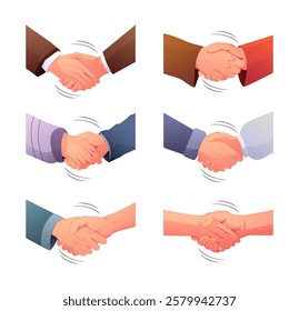 Illustration of different handshake styles, symbolizing agreement, partnership, and cooperation. Vibrant colors and dynamic motion lines add energy