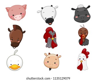 Illustration of Different Heads of Animals in a Farm from Pig to Chicken