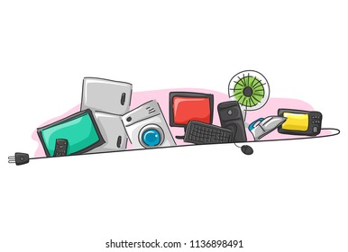 Illustration of Different Home Appliances Behind an Electrical Plug from Television, Refrigerator, Washing Machine, Computer, Electric Fan, Iron and Microwave