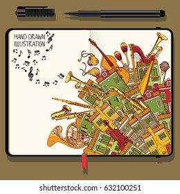 Illustration With Different Houses and Music Instruments. Music Festival in the City. Vector Notebooks with Fine Liner Pen and Hand Drawn Doodles.