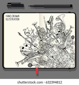 Illustration With Different Houses and Music Instruments. Music Festival in the City. Vector Notebooks with Fine Liner Pen and Hand Drawn Doodles.