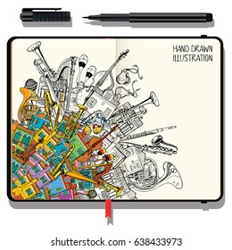 Illustration With Different Houses and Music Instruments. Music Festival in the City. Vector Notebooks with Fine Liner Pen and Hand Drawn Doodles.