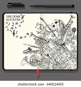 Illustration With Different Houses and Music Instruments. Music Festival in the City. Vector Notebook with Fine Liner Pen and Hand Drawn Doodles.