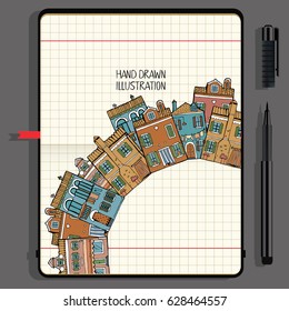 Illustration With Different Houses. Nice and Comfortable Neighborhood. Vector Notebooks with Fine Liner Pen and Hand Drawn Doodles.