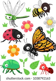 Illustration of Different Insects and Flowers from Bee, Butterfly  to Ant