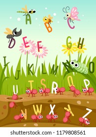 Illustration of Different Insects like Dragonfly, Butterfly, Bee, Beetle, Ants and Caterpillar with the Alphabet