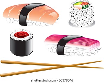 Illustration of different japanese food icons, including sushi, sashimi and chopsticks