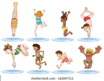 Illustration of the different kids enjoying the water on a white background