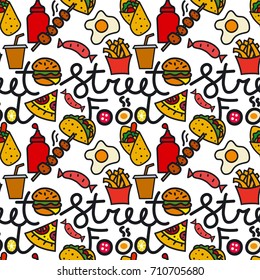 illustration of different kind of street food seamless pattern