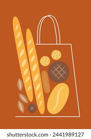 Ilustración de los diferentes tipos de panes en la bolsa de compras