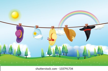 Illustration of the different kinds of hats hanging under the sun