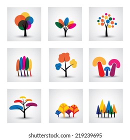 illustration of different kinds of vector tree icons. This graphic shows common trees like oak, willow, banana, pine, Christmas, etc