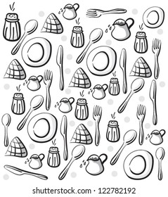 Illustration of different kitchen objects, hand drawn