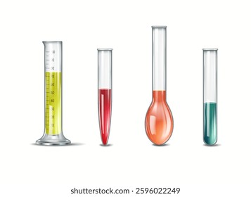 Illustration of different laboratory glassware including test tubes and flasks filled with colorful liquids representing chemical substances in a scientific setting.