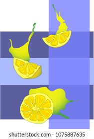 Illustration of different lemon slices and lines of different thickness and direction complementing the composition.