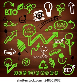 The illustration of different logos and eco signs on a dark wooden texture. Vector image