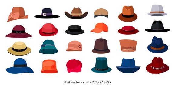 Illustration different male hats.. Man hat collection image, derby and bowler, cowboy and peaked cap set icon