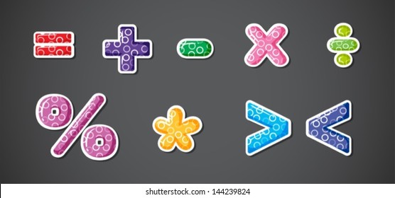 Illustration of the different mathematical operation signs and symbols on a gray background