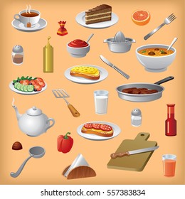 illustration of different meals, dishes and cutlery