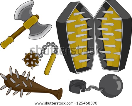 Illustration of different Medieval Torture Devices and Weapons