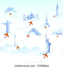 illustration of different monuments on cloud with airplane flying showing travel destination