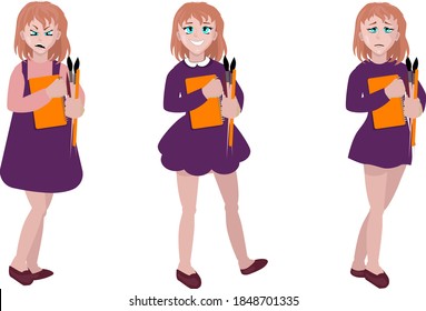 Illustration of the different moods of a young girl on a white background. Set girl with different emotions