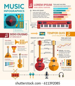 Illustration of different music instruments template of flat design. Icon design for your company or products made in vector graphics.