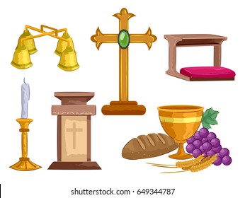 Illustration of Different Objects Used at a Mass Ceremony including a Chalice, Cross, Lectern, Altar Bell, Candle Holder and Kneeling Bench