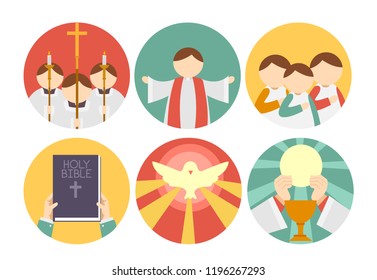Illustration of Different Parts of Mass Icons from the Gathering, Proclaiming the Word, Prayers, Peace and Eucharist