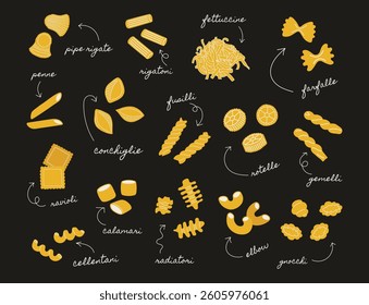 Illustration of different pasta types. Vector illustration of various Italian macaroni isolated on black background.