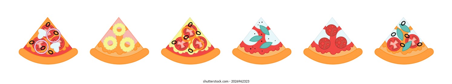 Illustration of different pieces of pizza with cheeses, sausages, cheeses, spices, vegetables. Vector illustration in a flat style